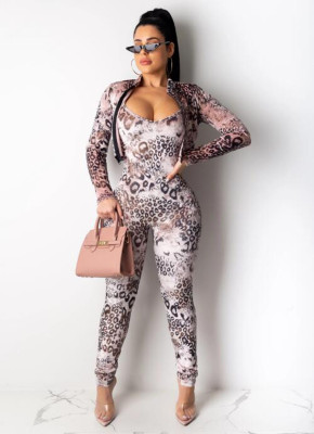 EVE Leopard Print Sling Jumpsuit+Zipper Coat 2 Piece Sets OMY-80074