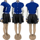 EVE Plus Size Baseball Jacket PU Leather Mini Skirt 2 Piece Sets FNN-8649