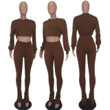 EVE Solid Long Sleeve Crop Top Pile Pants 2 Piece Sets YD-8544