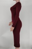 EVE Solid Ribbed Long Sleeve Slim Midi Dress XMY-9339