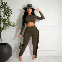 EVE Solid Long Sleeve Tassel Pants Two Piece Sets OYF-8287