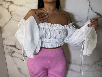 EVE Plus Size White Ruffle Long Sleeve Crop Top MUL-S147