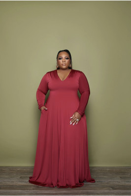 EVE Plus Size Solid V Neck Long Sleeve Maxi Dress XMY-9336