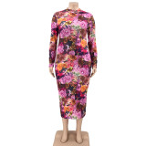 EVE Plus Size Printed Long Sleeve Slim Maxi Dress OSIF-21401