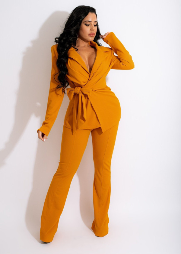 EVE Solid V Neck Long Sleeve Two Piece Pants Set MXDF-6070
