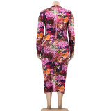 EVE Plus Size Printed Long Sleeve Slim Maxi Dress OSIF-21401