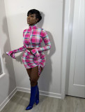 EVE Plaid Print Zipper Coat+Bra Top+Mini Skirt 3 Piece Sets WY-6870