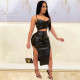 EVE Black PU Leather Chain Top Split Midi Skirt 2 Piece Sets LSD-81087