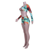 EVE Sexy Printed Long Sleeve Crop Top Mini Skirt 2 Piece Sets JZHF-8029