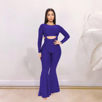 EVE Solid Long Sleeve Crop Top+Strap Flared Jumpsuit 2 Piece Sets YYF-6626