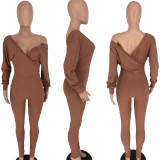 EVE Solid Sexy Ribbed V Neck Long Sleeve Jumpsuit HTF-6080