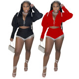 EVE Solid Zipper Short Jacket And Shorts Two Piece Sets TE-4356