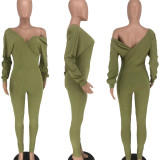 EVE Solid Sexy Ribbed V Neck Long Sleeve Jumpsuit HTF-6080