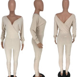 EVE Solid Sexy Ribbed V Neck Long Sleeve Jumpsuit HTF-6080