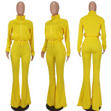 Solid Zipper Coat Flared Pants Two Piece Sets YD-8555