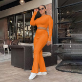 EVE Plus Size Solid Long Sleeve Crop Top And Pants 2 Piece Sets WLDF-80478