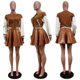 Trendy Baseball Jacket+PU Pleated Mini Skirt 2 Piece Sets WY-6875