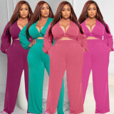 EVE Plus Size Solid V Neck Long Sleeve Two Piece Pants Sets CQF-90093