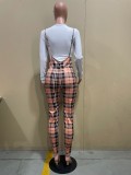 EVE Casual Long Sleeve Top+Plaid Sling Jumpsuit 2 Piece Sets OLYF-96084