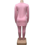 EVE Plus Size Pink Letter Print V Neck Long Sleeve 2 Piece Sets WAF-77281