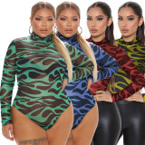 EVE Plus Size Sexy Printed Long Sleeve Tight Bodysuit OSIF-231