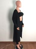 EVE Black Long Cloak+Tube Top+Pants 3 Piece Sets OSM-4522