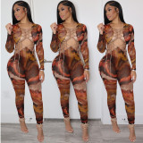 EVE Sexy Printed Hollow Out Long Sleeve Bandage Jumpsuit JZHF-8100