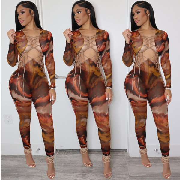 EVE Sexy Printed Hollow Out Long Sleeve Bandage Jumpsuit JZHF-8100