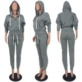 EVE Solid Fleece Hooded Zipper Two Piece Pants Sets QZYD-1104