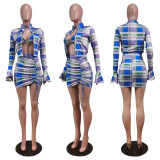 EVE Plaid Print Zipper Coat+Bra Top+Mini Skirt 3 Piece Sets WY-6870