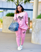 EVE Pink Letter Print Long Sleeve Casual Two Piece Sets AWYF-L761