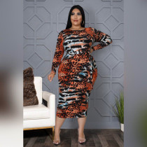 EVE Plus Size Sexy Printed Long Sleeve Midi Dress ASL-7061