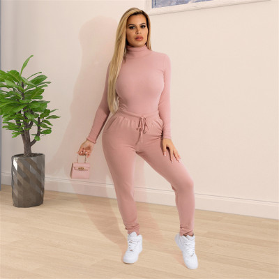 EVE Solid High Collar Long Sleeve Two Piece Pants Set GEYF-68545