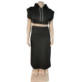 EVE Plus Size Solid Fleece Hooded Top Split Long Skirt 2 Piece Sets WAF-77385