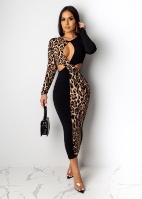 EVE Leopard Patchwork Hollow Out Long Sleeve Midi Dress PIN-8636