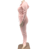 EVE Plus Size Pink Letter Print Hooded Zipper 2 Piece Sets WAF-77391