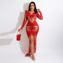 EVE Sexy Sequin V Neck Hollow Long Sleeve Split Evening Dress CYA-9347