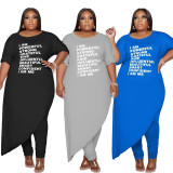 EVE Plus Size Letter Print Irregular Top And Pants Set NYMF-252