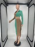EVE Contrast Color Long Sleeve Tassel Midi Skirt 2 Piece Sets SLF-7030