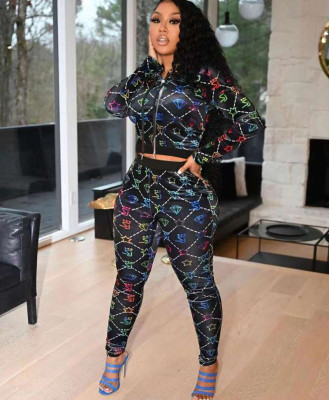 EVE Casual Printed Hooded Zipper Two Piece Sets SLF-7027