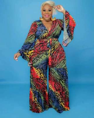 EVE Plus Size Printed V Neck Long Sleeve 2 Piece Sets SLF-7083