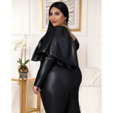 EVE Plus Size PU Leather Off Shoulder Ruffle Top ASL-7063