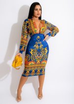 EVE Sexy Printed Deep V Neck Long Sleeve Midi Dress MZ-2697