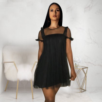 EVE Black Mesh Short Sleeve Mini Dress TE-4361
