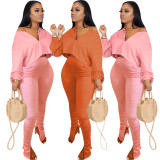 EVE Solid V Neck Long Sleeve Stacked Pants 2 Piece Sets OMY-80086
