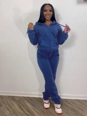 EVE Solid Sports Fleece Hooded Zipper Two Piece Pants Set MK-3071