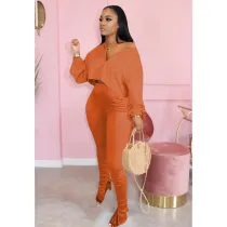 EVE Solid V Neck Long Sleeve Stacked Pants 2 Piece Sets OMY-80086