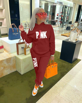 EVE Pink Letter Hoodies Casual Two Piece Pants Set HYF-5058