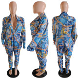 EVE Plus Size Sexy Printed V Neck Long Sleeve Jumpsuit APLF-11015