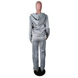 EVE Solid Sports Fleece Hooded Zipper Two Piece Pants Set MK-3071